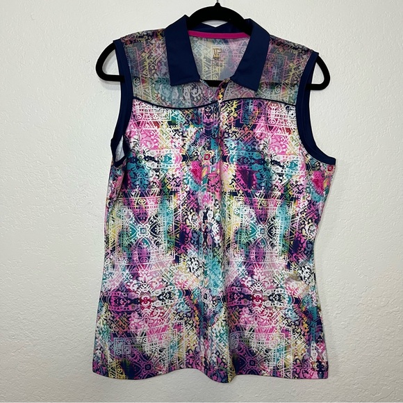 EP New York Pink Colorful Sleeveless Golf Polo Shirt Mesh Detail Women’s Large - Picture 1 of 8